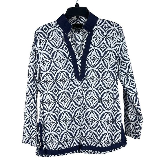 CYNTHIA Rowley Womens Sz M Blue White Geometric Boho Tunic Top - Picture 1 of 6
